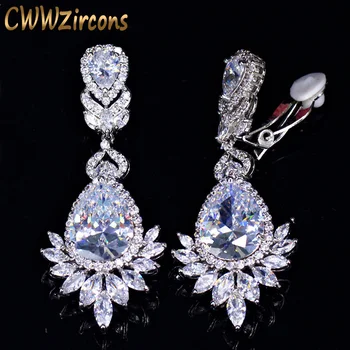 

CWWZircons No Hole Piercing Ear Jewelry Cubic Zirconia Crystal Bridal Long Luxury Wedding Clip on Earrings Non Pierced CZ409