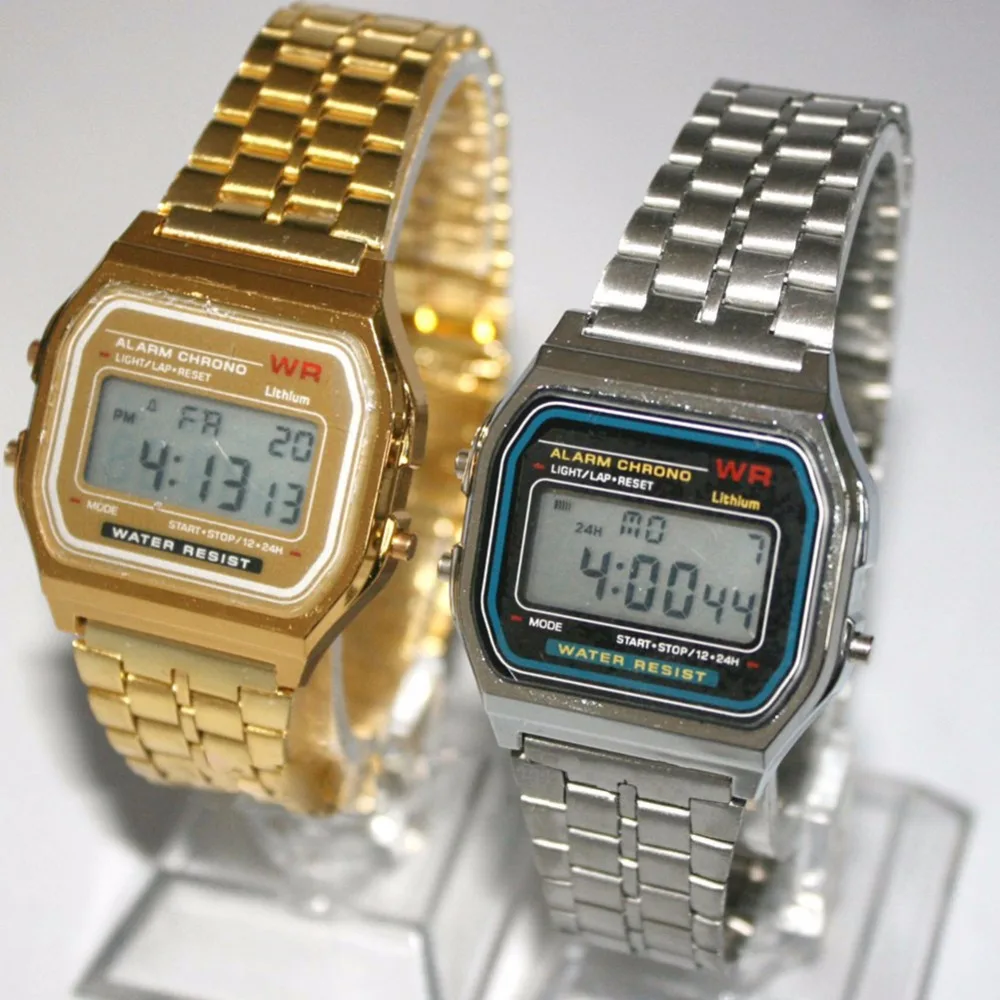 Мужские винтажные часы с электронным цифровым дисплеем в стиле ретро золотые и