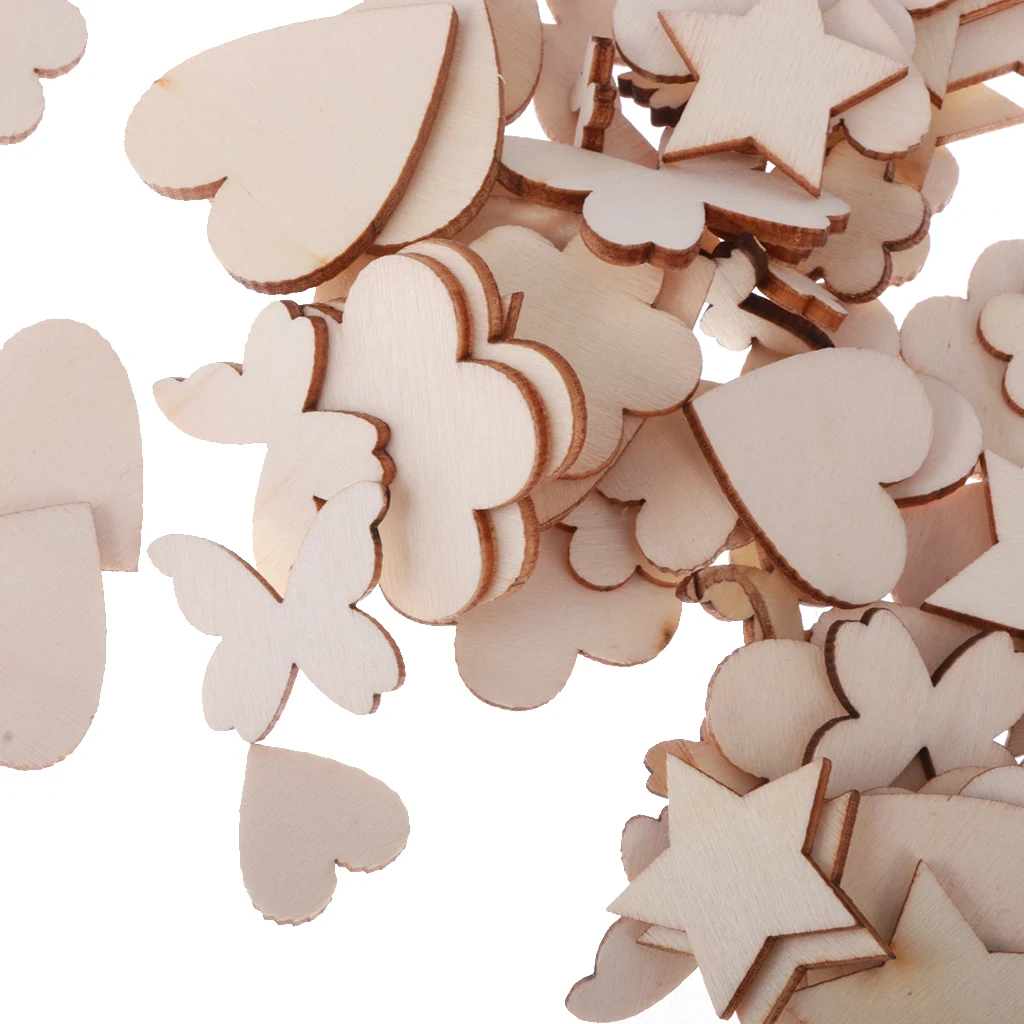 200pcs Assorted Shapes Natural Wooden Craft Embellishments MDF Wood Cutout Scrapbooking for DIY Art Wedding Decoration
