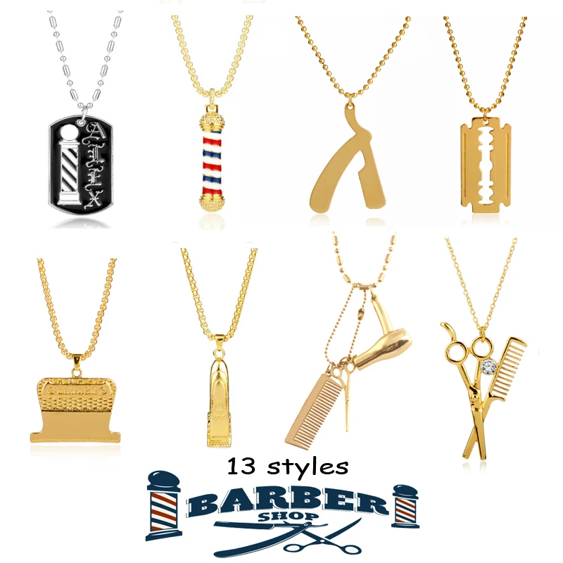 

Barber Shop Pole Necklace Hair Dresser Tools 3D Barber Pole Razor Dryer Scissors Comb Hairdresser Pendants Necklaces Men Women