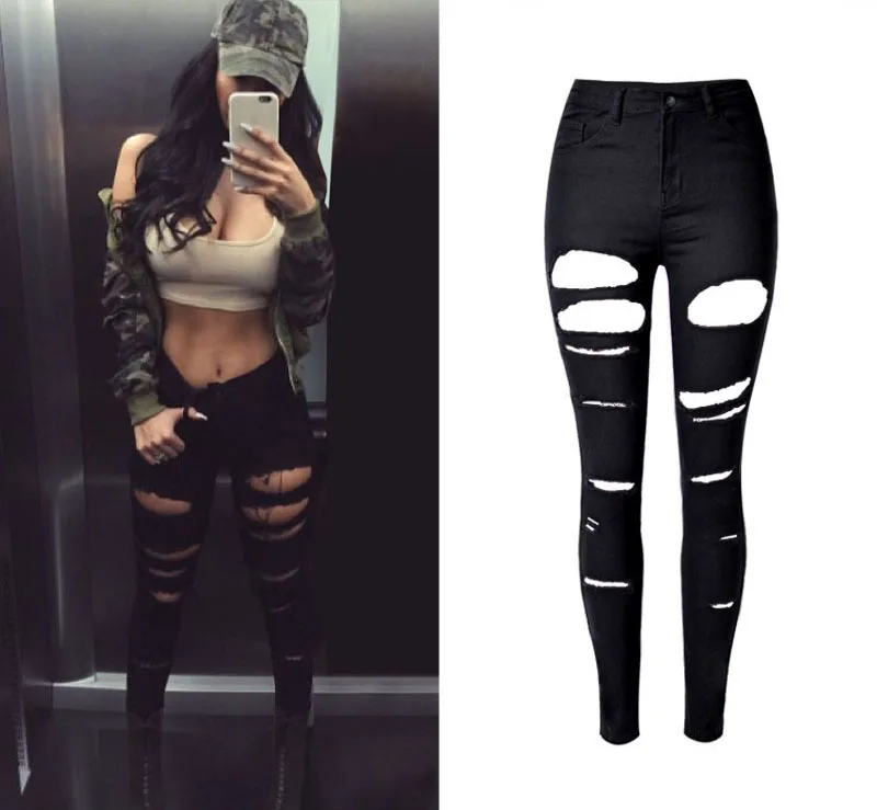 Women's personality hot style high-waisted stretch shows thin irregular broken pocket with large size denim trousers (5)