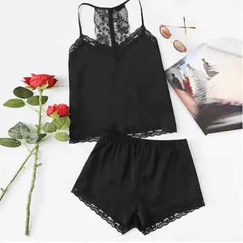 Black Women's Sleepwear Sexy Satin Pajama Set Summer Pajama Lace Patchwork Women Sleeveless Camis and Shorts
Black Women's Sleepwear Sexy Satin Pajama Set Summer Pajama Lace Patchwork Women Sleeveless Camis and Shorts