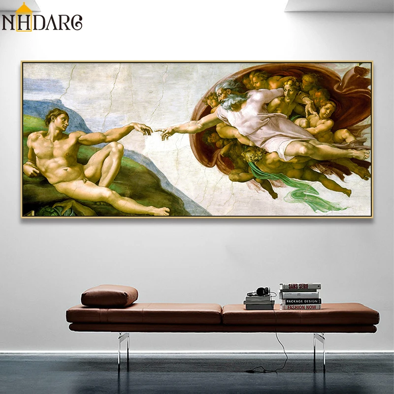 

Sistine Chapel Ceiling Fresco of Michelangelo, Creation of Adam Poster Print on Canvas Wall Art Picture for Living Room Decor