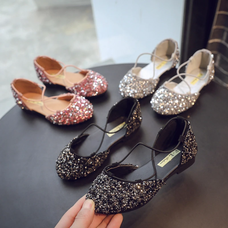 Silver Color Casual Glitter Bowknot Kids Youth Flats Girls Dress Shoes Size 2