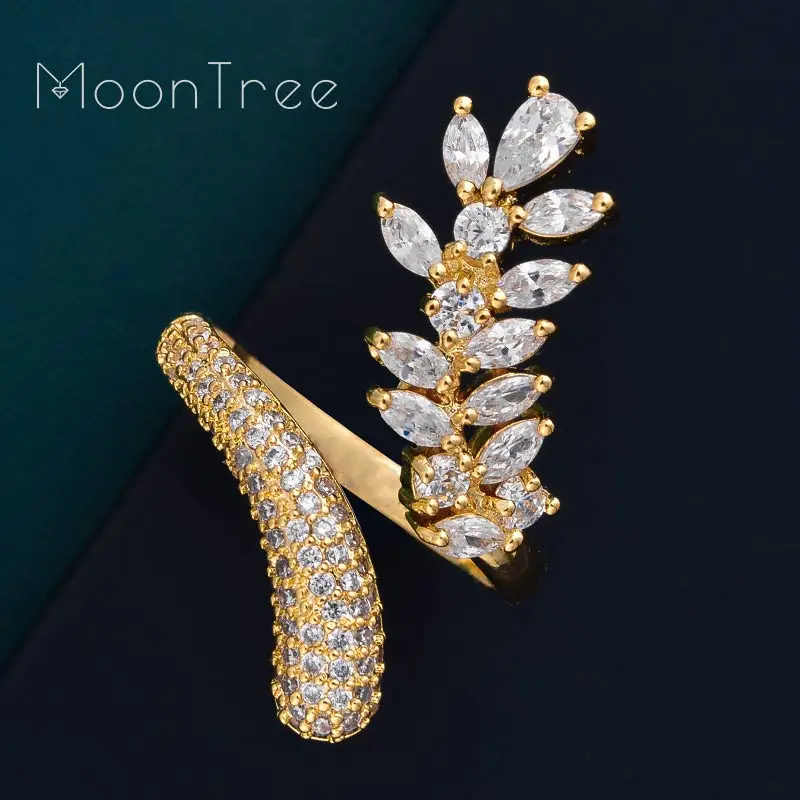 Роскошное медное женское кольцо MoonTree с перьями и кубическим цирконием класса ААА