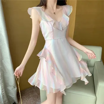 New summer lady Korean sexy high waist slim chiffon dress ruffles colorful elegant vintage V-neck femme dress
New summer lady Korean sexy high waist slim chiffon dress ruffles colorful elegant vintage V-neck femme dress
