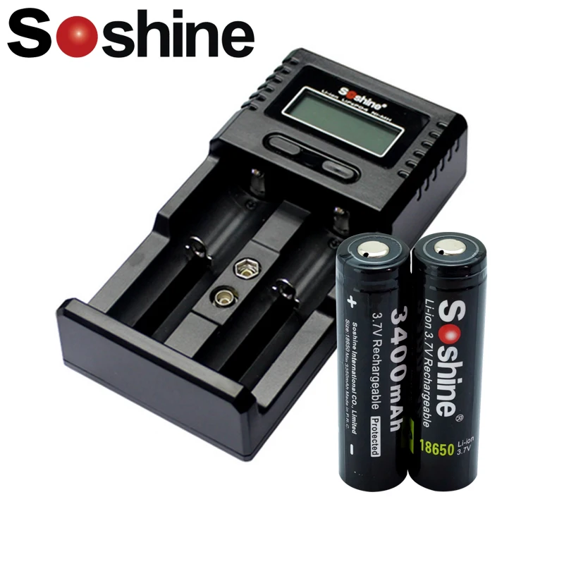 

2pcs Soshine 18650 3.7V 3400mAh Rechargeable Battery Protected High Discharge Li-ion Batteries with H2 LCD 18650 charger