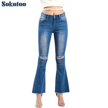 Sokotoo Women's knees holes ripped boot cut jeans Slim mid waist stretch denim flare pants
Sokotoo Women's knees holes ripped boot cut jeans Slim mid waist stretch denim flare pants