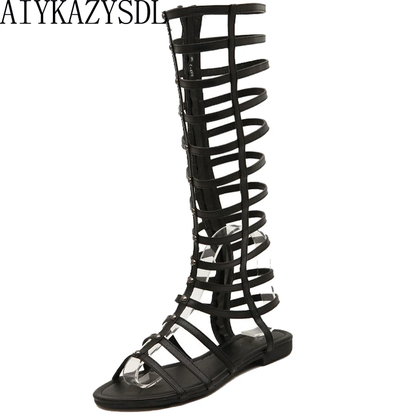 

AIYKAZYSDL Women Knee High Boots Summer Open Toe Gladiator Sandals Rivet Strappy Cut Out Caged Bootie Rome Sandals Flat Heels