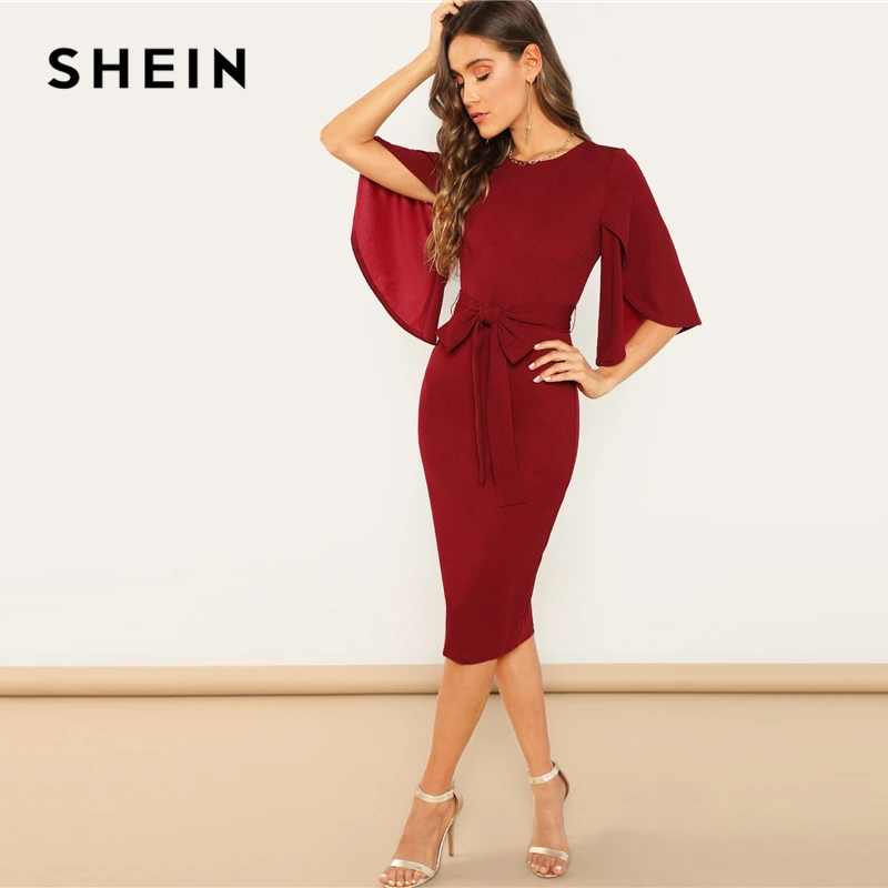 

SHEIN Weekend Casual Round Neck Flutter Sleeve Self Belted Pencil Dress Autumn Modern Lady Casual Women Dresses
