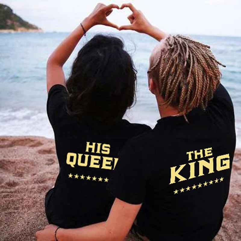 

2024 King Queen T Shirt Couple Clothes Shirts Femme Summer Casual O-neck Short sleeve Back letter print Top Lovers High Quality