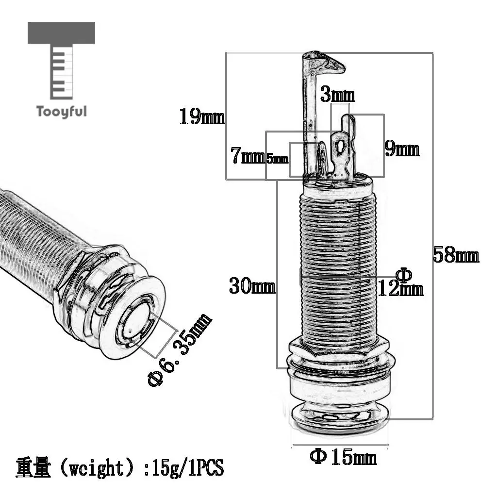 Tooyful Cylinder Guitar End Pin Output Jack 1/4'' Stereo Jack Socket for Guitar Bass Mandolin
