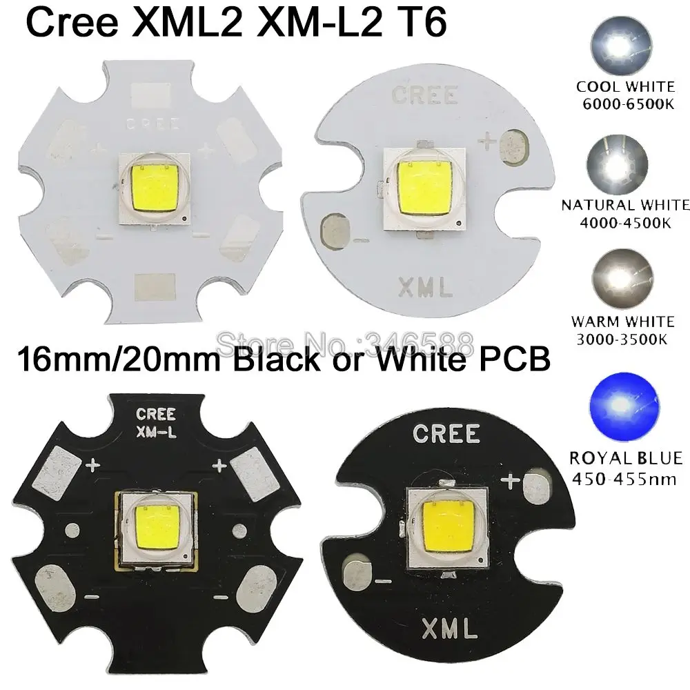

5x CREE XML2 XM-L2 T6 Cool White 6500K Neutral White 4500K Warm White 3000K High Power LED Emitter 16mm 20mm Black or White PCB