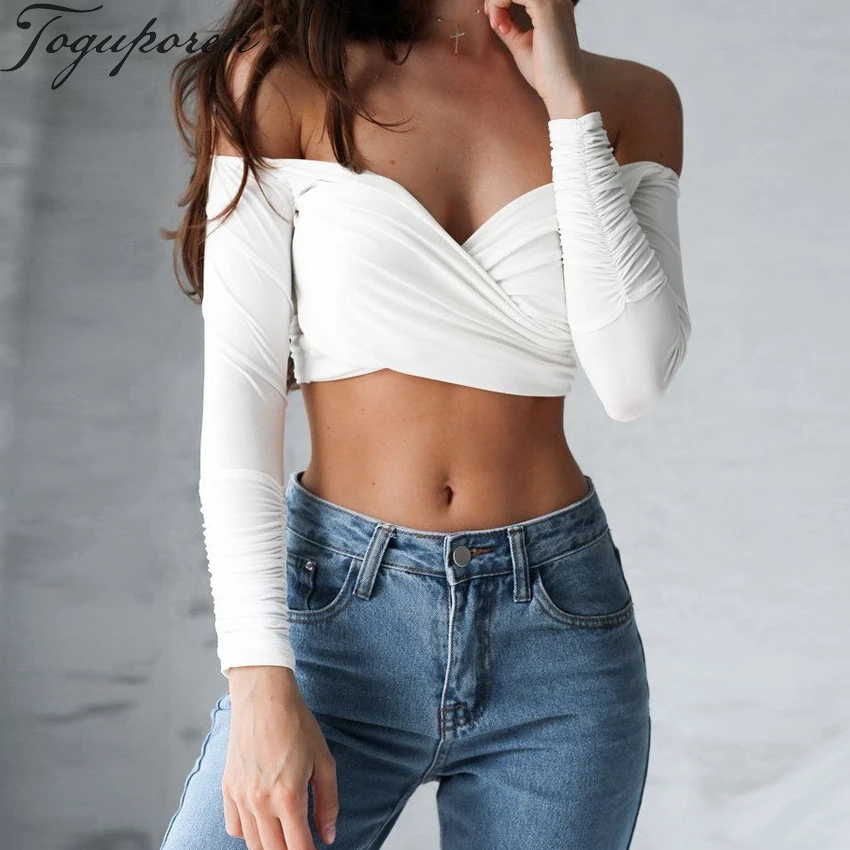 2018 Summer Women Tops Solid Slash Neck Tees Ruched Long Sleeve Crop Elastic Fitness Top Female Hot Causal Outfits
2018 Summer Women Tops Solid Slash Neck Tees Ruched Long Sleeve Crop Elastic Fitness Top Female Hot Causal Outfits