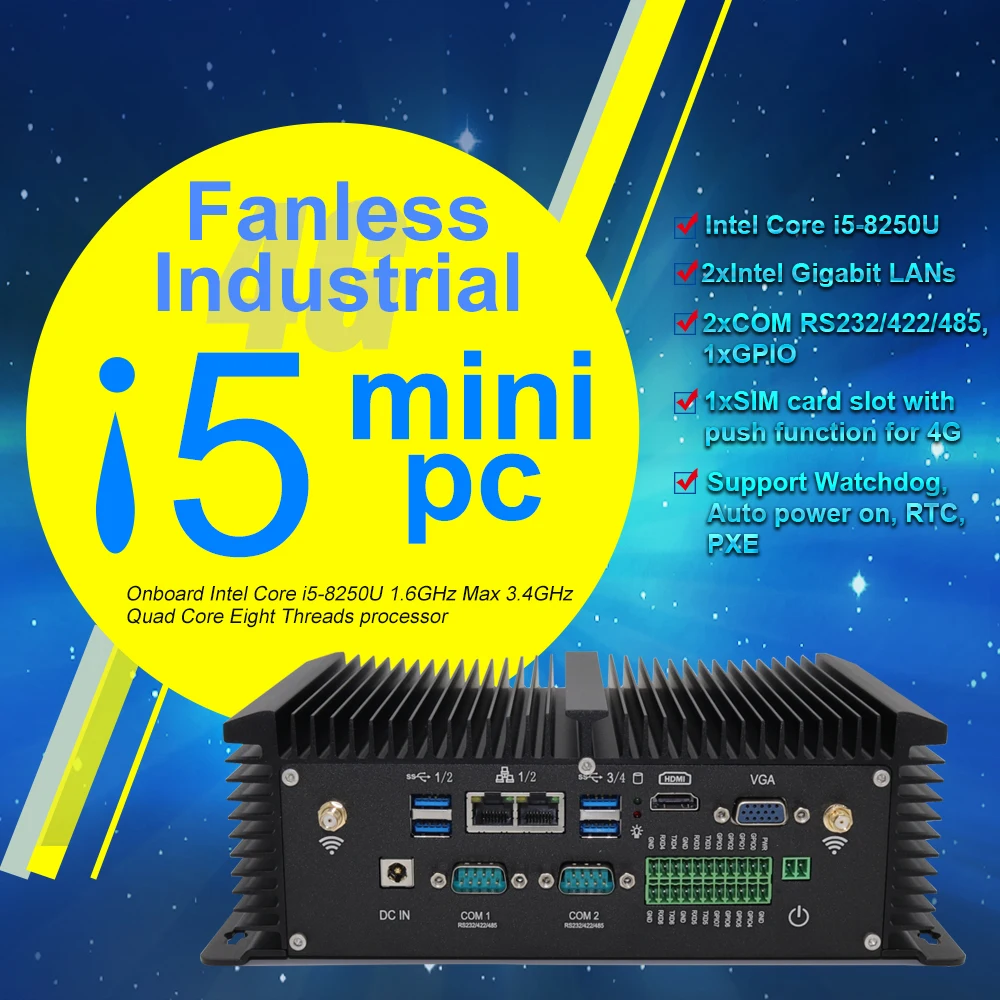 Fanless Industrial Mini PC i5 8250U Quad Core 2*DDR4 2*COM Windows 10 Pro Linux Mini Router Computer Desktop VGA HDMI USB RTC
Fanless Industrial Mini PC i5 8250U Quad Core 2*DDR4 2*COM Windows 10 Pro Linux Mini Router Computer Desktop VGA HDMI USB RTC