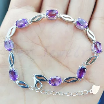 Natural real amethyst chain bracelet Free shipping Leaves style 925 sterling silver bracelet 0.85ct*8pcs gemstone B1951705