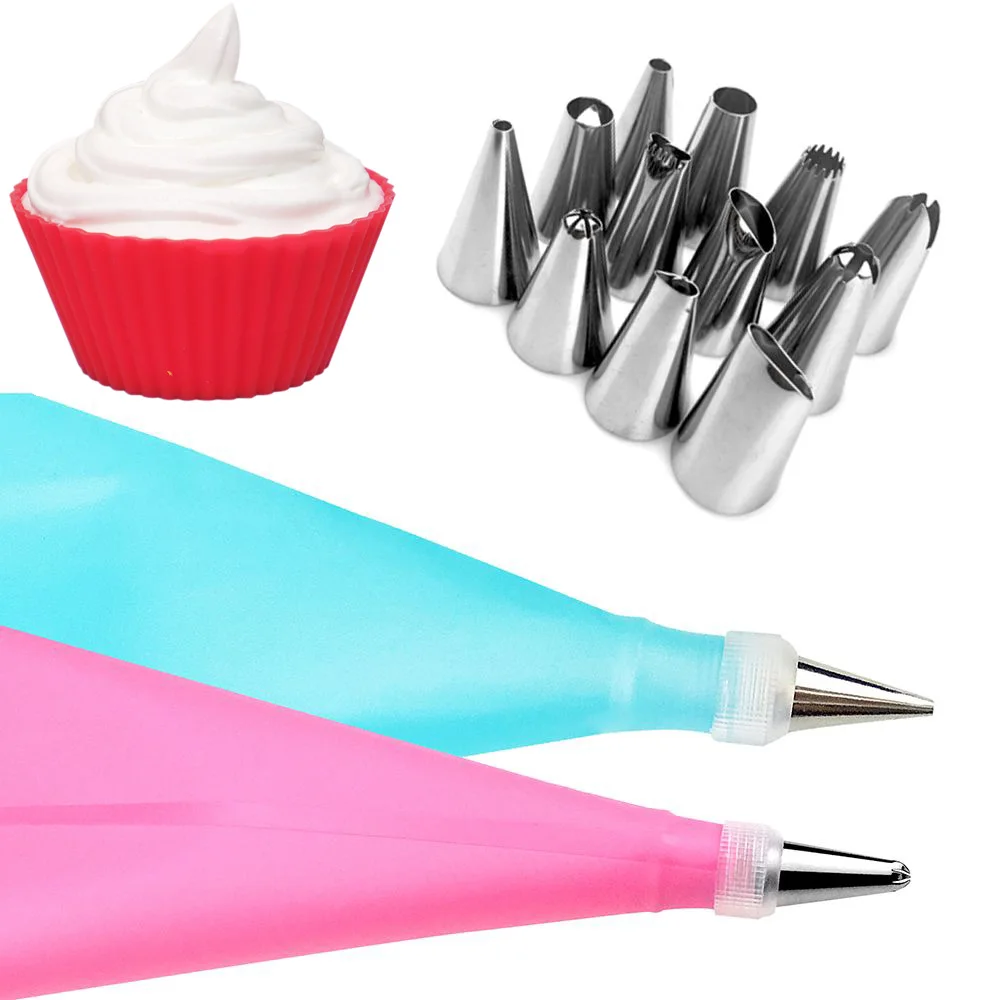 14PC/Set DIY Cake Decorating Tools Silicone Icing Piping Cream Pastry Bag +12 Stainless Steel Nozzle Set Kitchen Utensils | Дом и сад
