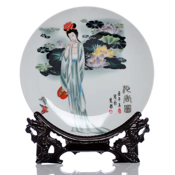 

The Portrait of Chinese Ancient Beauties Plate Chinese Style Ceramic Plate Wood Base Porcelain Bedroom Art Decorative Plate