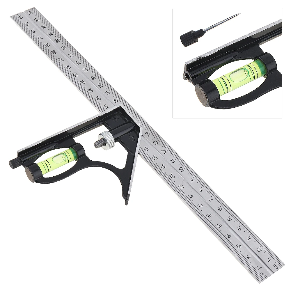 

12 inch 300mm Adjustable Stainless Steel Combination Angle Ruler 45/90 Degree with Bubble Level Multi-functional Measuring Tools