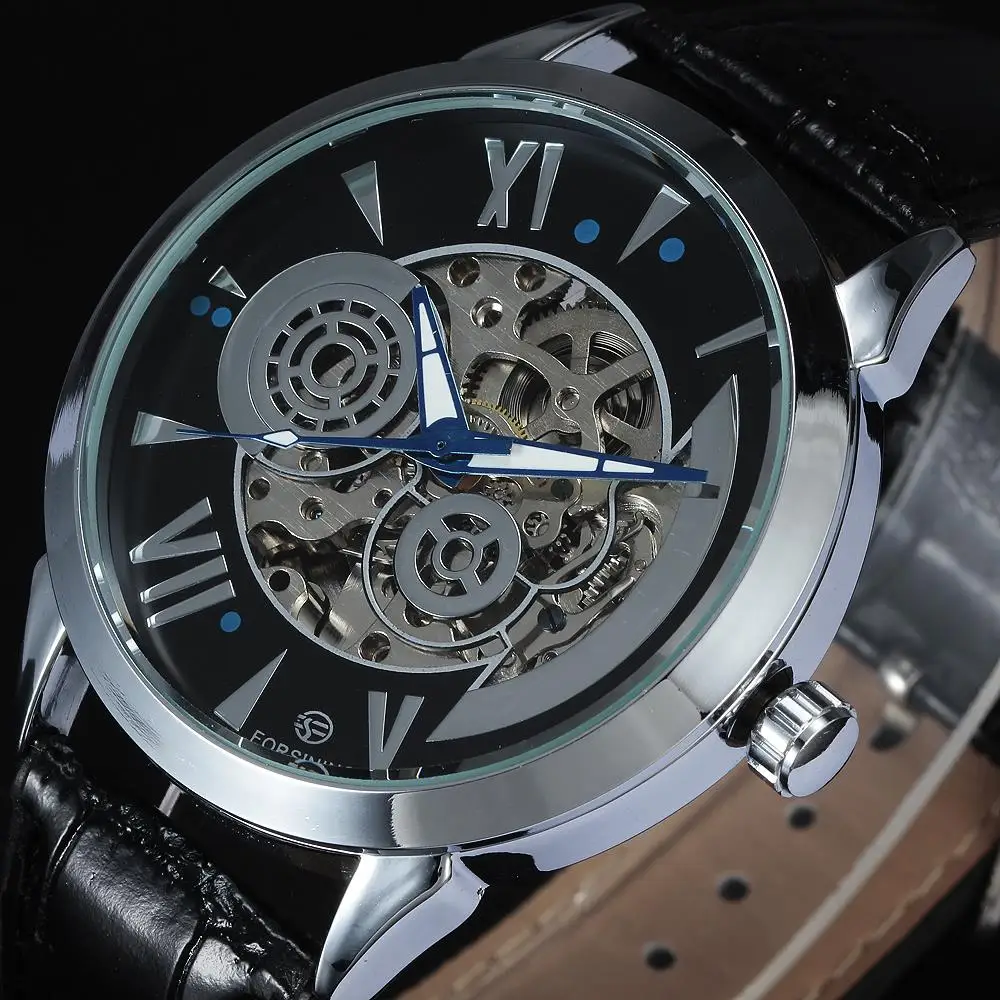 FORSINING New Automatic Mechanical Skeleton Watch Black Leather Wrist Silver Auto Men's Clock Steampunk Wristwatch Relogio 
FORSINING New Automatic Mechanical Skeleton Watch Black Leather Wrist Silver Auto Men's Clock Steampunk Wristwatch Relogio
