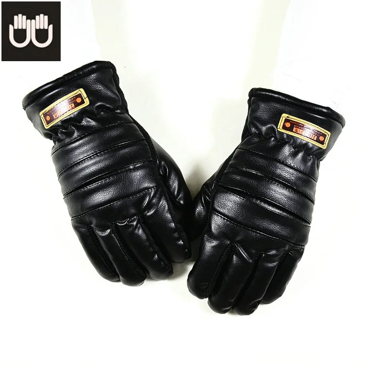 Фото Зимние теплые кожаные перчатки мужские открытые яркие черные утепленные уличные