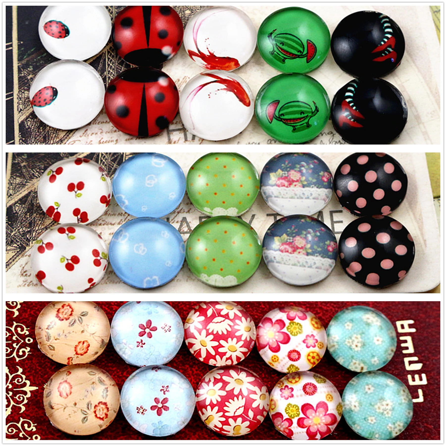 10pcs/lot (One Set) Three Style 12mm Fashion pattern Handmade Glass Cabochons Pattern Domed Jewelry Accessories Supplies
10pcs/lot (One Set) Three Style 12mm Fashion pattern Handmade Glass Cabochons Pattern Domed Jewelry Accessories Supplies