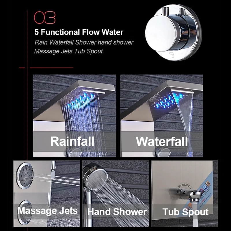 quyanre wanfan frap black led shower panel shower column rainfall waterfall shower head 4 mist spa jets 3 handles mixer tap tub spout bath shower4