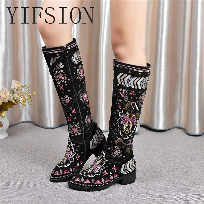 

YIFSION New Black Embroider Women Knee High Boots Pointed Toe Side Zip Buckle Chunky Low Heel Women Warm Boots Shoes Woman