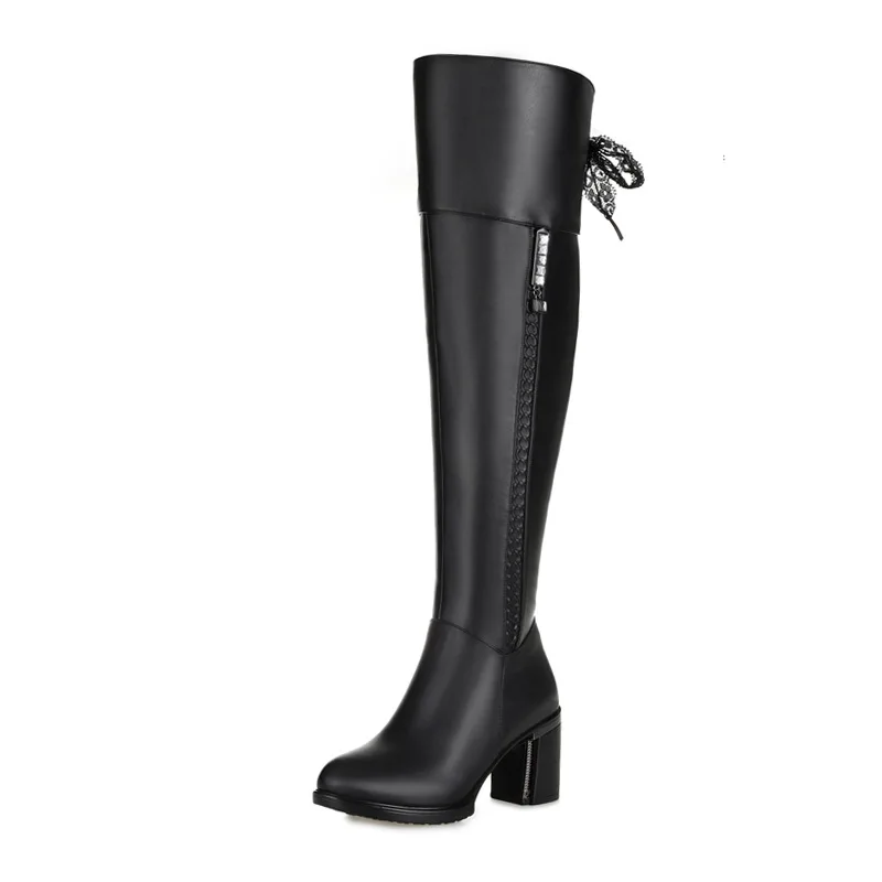 Image Winter Genuine Leather Riding Boots Flat Heel Fashion Women knee high zip boots Black womens boots big size winter shoes