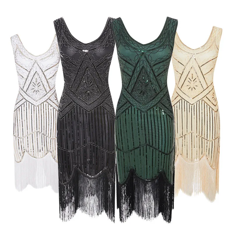 

LADIES FRINGE FLAPPER SEQUINED FANCY DRESS SLEEVELESS ADULT CHARLESTON COSTUME THE GATSBY 1920'S 1930'S