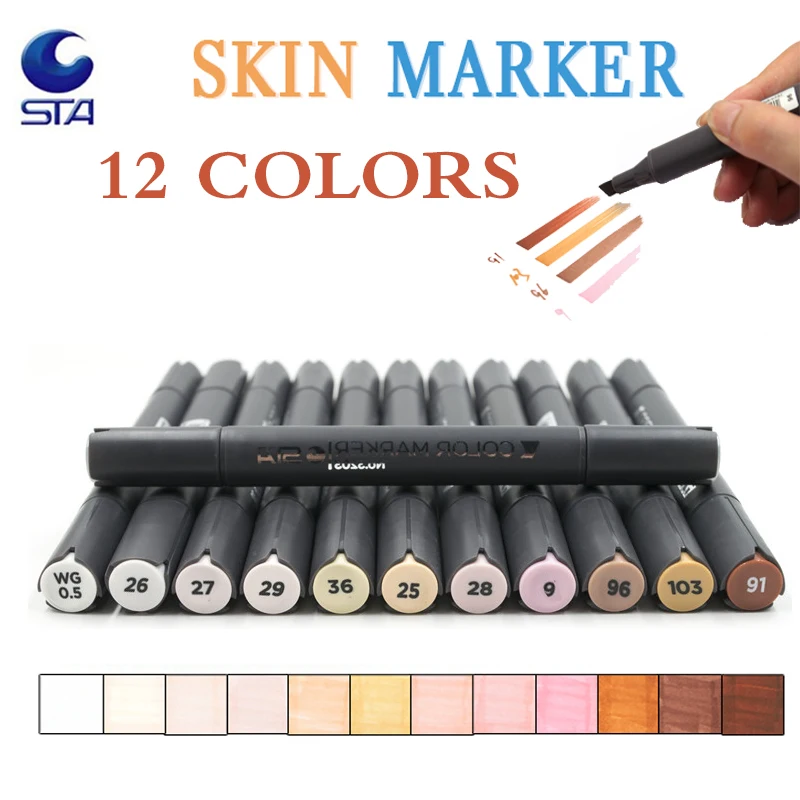 

STA 12 Colors Sketch Skin Tones Marker Pen Artist Double Headed Alcohol Based Manga Art Markers brush pen for School Supplies