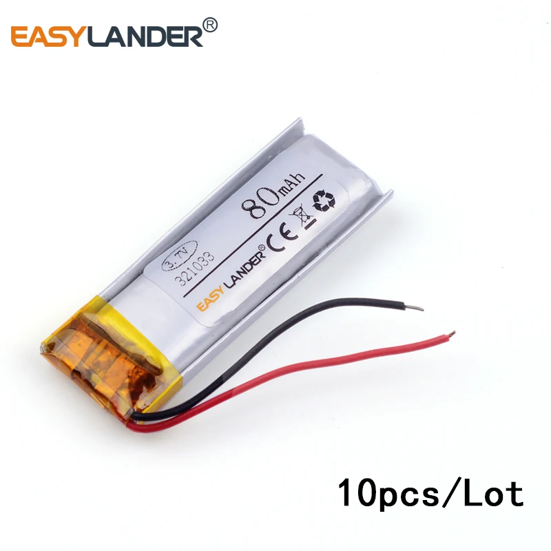 10pcs /Lot 3.7v lithium Li ion polymer rechargeable battery 321033 80mah MP4 MP5 MP3 Bluetooth small toy recording pen
10pcs /Lot 3.7v lithium Li ion polymer rechargeable battery 321033 80mah MP4 MP5 MP3 Bluetooth small toy recording pen