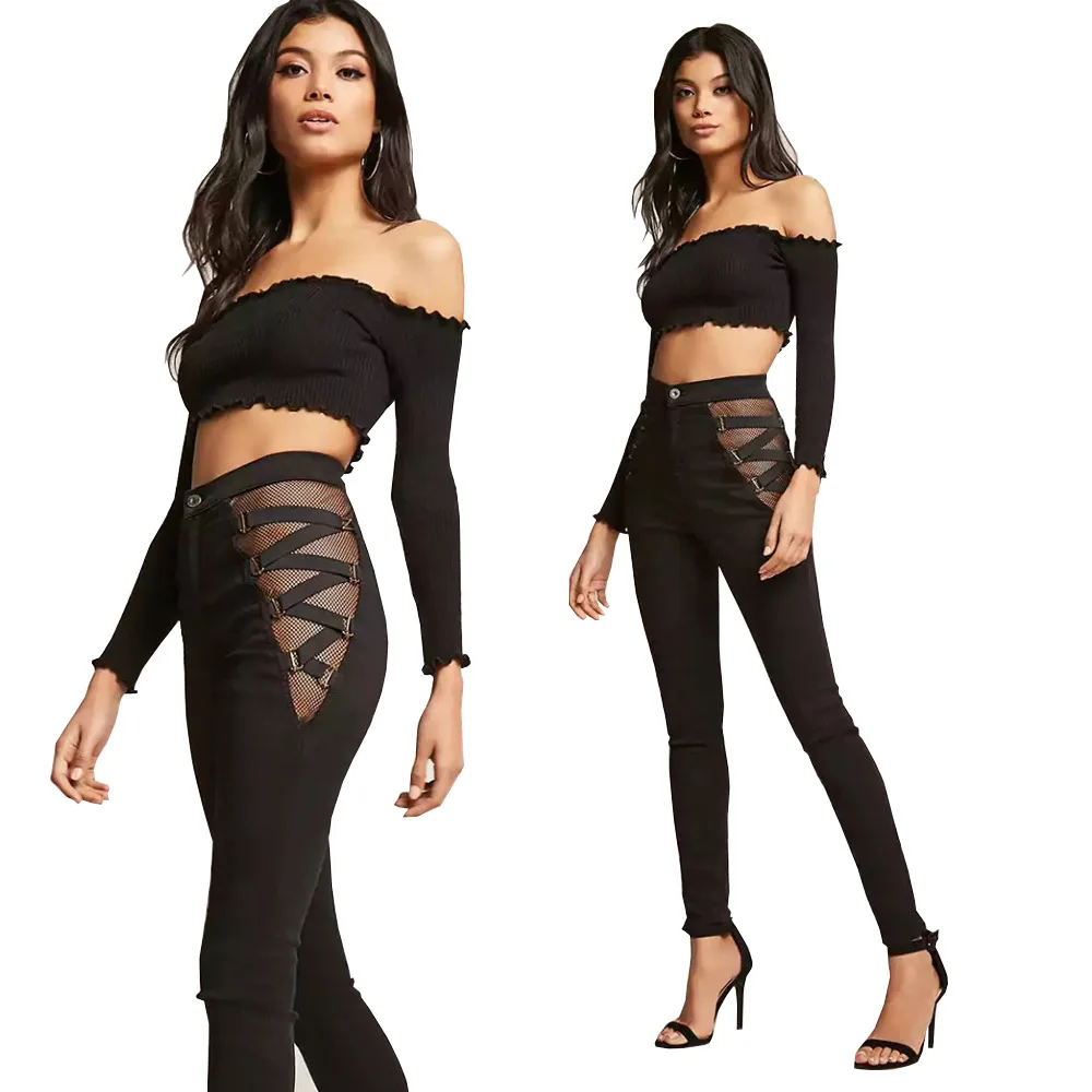 High Rise Bandage Sexy Jeans Woman High Waisted Jeans Skinny Black Denim Slim Jeggins Mesh Spliced Pants Taille Haute Jeans 2018
High Rise Bandage Sexy Jeans Woman High Waisted Jeans Skinny Black Denim Slim Jeggins Mesh Spliced Pants Taille Haute Jeans 2018