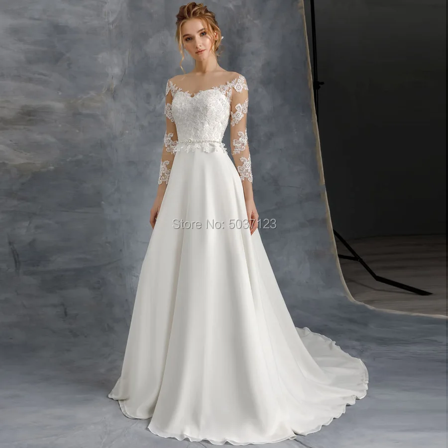 Vestido De Noiva Chiffon A Line Long Sleeves Wedding Dresses Scoop Lace Appliques Button Illusion Court Train Bridal Gowns
Vestido De Noiva Chiffon A Line Long Sleeves Wedding Dresses Scoop Lace Appliques Button Illusion Court Train Bridal Gowns