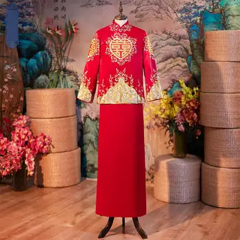 Long Bridrgroom Men 2 Pcs Marriage Suit Satin Print Flower Vintage Button Party Costume Mandarin Collar Classic Toast Clothing
Long Bridrgroom Men 2 Pcs Marriage Suit Satin Print Flower Vintage Button Party Costume Mandarin Collar Classic Toast Clothing
