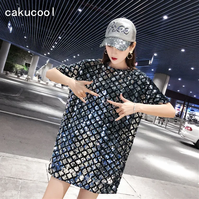 Новое платье Cakucool с коротким рукавом и круглым вырезом блестящее клетчатое
