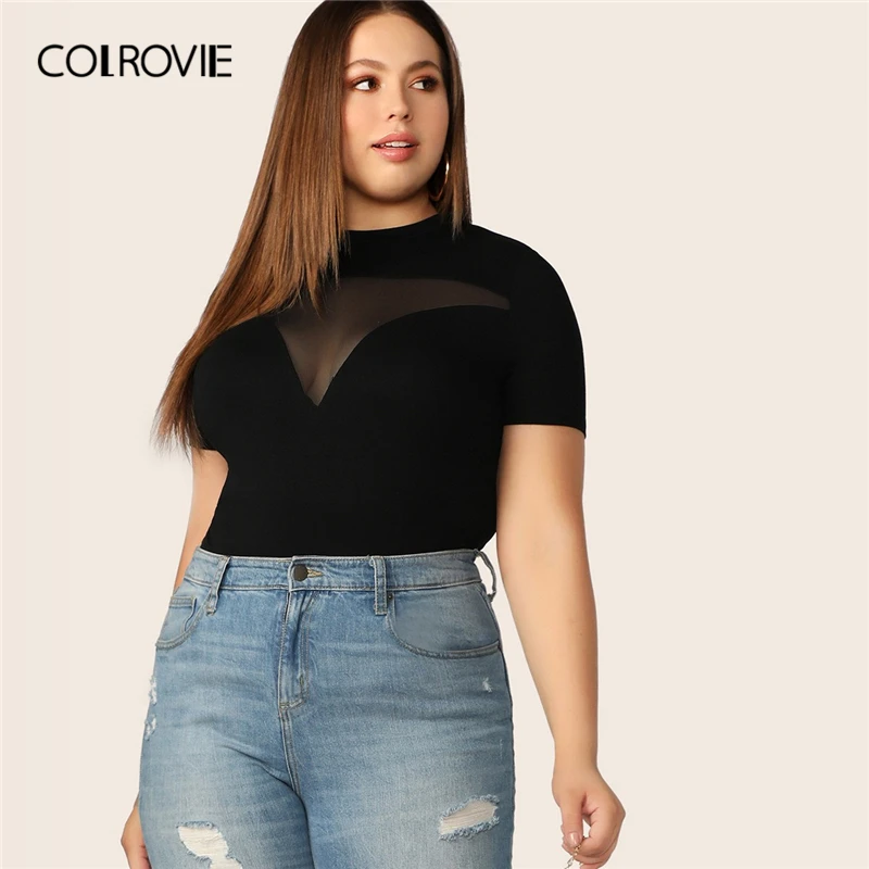 

COLROVIE Plus Size Black Sheer Mesh Yoke Form Fitting T Shirt Women Tops 2019 Summer Short Sleeve Office Ladies Tee Shirts