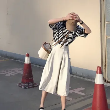 Summer Fashion Two-piece women's Set O-Neck Striped Short Sleeve T-shirts Wide-legged Pants Sets E1
Summer Fashion Two-piece women's Set O-Neck Striped Short Sleeve T-shirts Wide-legged Pants Sets E1