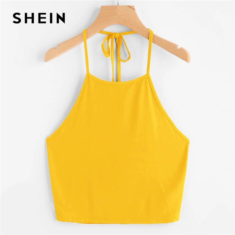 

SHEIN Boho Sexy Self Tie Halterneck Solid Crop Camisole Top Women Summer Slim Fitted Straps Backless Ladies Basics Cami Tops