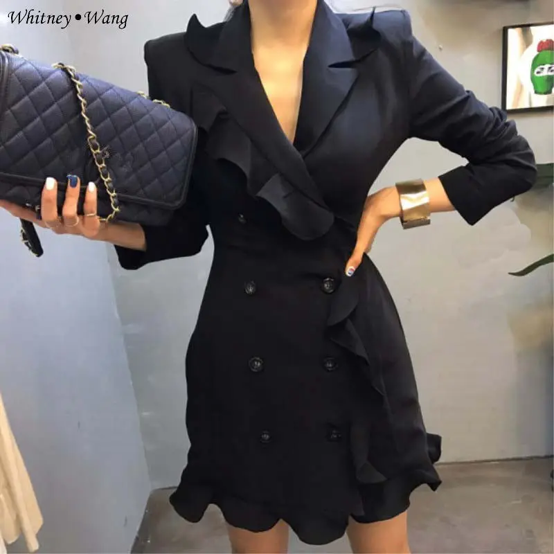 WHITNEY WANG 2017 Autumn Elegant Notched Double breasted Ruffles Sheath Mini Dress Women Office Lady Dress
WHITNEY WANG 2017 Autumn Elegant Notched Double breasted Ruffles Sheath Mini Dress Women Office Lady Dress