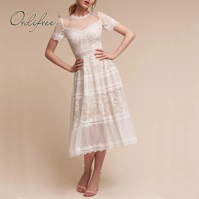 

Ordifree 2022 Summer Women Maxi Dress Short Sleeve Elegant Lady Sexy Transparent Crochet White Lace Long Party Dress