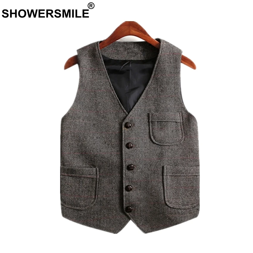

SHOWERSMILE Vintage Tweed Vest Plus Size Men Waistcoat With Pockets Woolen Sleeveless Jacket British Style Vest Men Gilet Brand