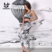 USKINCARE Floral Printed Women Yoga Set Splice Running Set Bra+Leggings Sports Suit Vintage Sports Clothing Gym Tracksuit image
