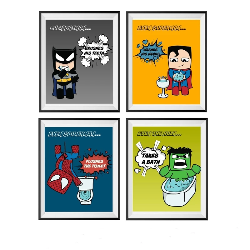 Children's Superhero Bathroom Wall Art Canvas Painting Cartoon Funny Posters And Prints Heroes Spiderman Wall Pictures Decor
Children's Superhero Bathroom Wall Art Canvas Painting Cartoon Funny Posters And Prints Heroes Spiderman Wall Pictures Decor