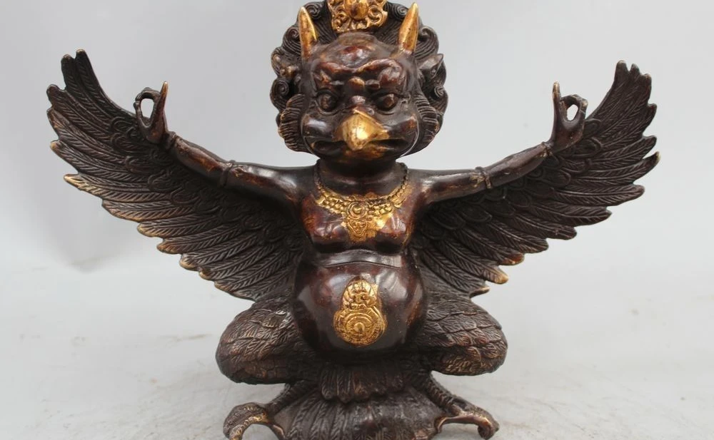 

10"Chinese Tibet Buddhism Bronze Gilt Joss Garuda Bird God Tantra Buddha Statue