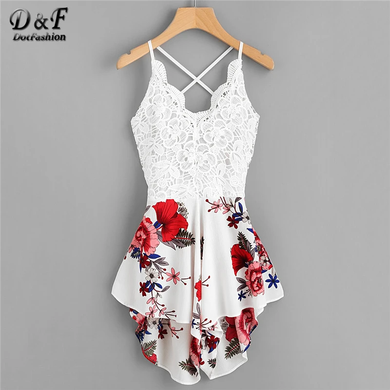 

Dotfashion Crochet Lace Panel Bow Tie Back Florals Romper Womens V neck Criss Cross Sleeveless Playsuit 2019 Sexy Summer Romper