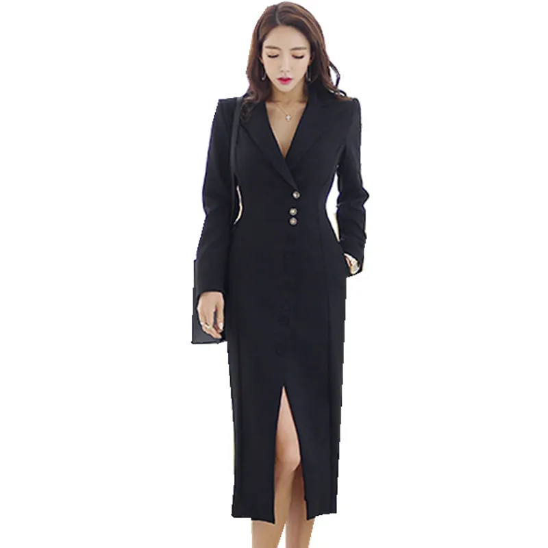 Business 2019 Sheath Slim Women Dress Autumn Winter Formal Black Single Breasted Work Dress Office Notched Bodycon Split Dress
Business 2019 Sheath Slim Women Dress Autumn Winter Formal Black Single Breasted Work Dress Office Notched Bodycon Split Dress
