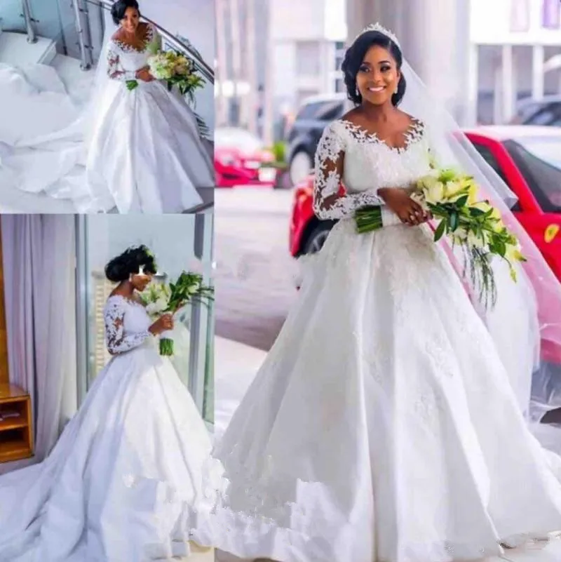 African Plus Size Wedding Dresses Scoop Lace Appliques Satin long Train Wedding Gowns Black Girls Formal Country Bridal Dresses
African Plus Size Wedding Dresses Scoop Lace Appliques Satin long Train Wedding Gowns Black Girls Formal Country Bridal Dresses