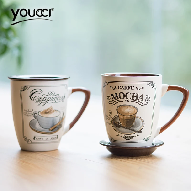 Image New European Simple Large Coffee Mug Set With Cover Spoon Ceramic Personalized Drinkware