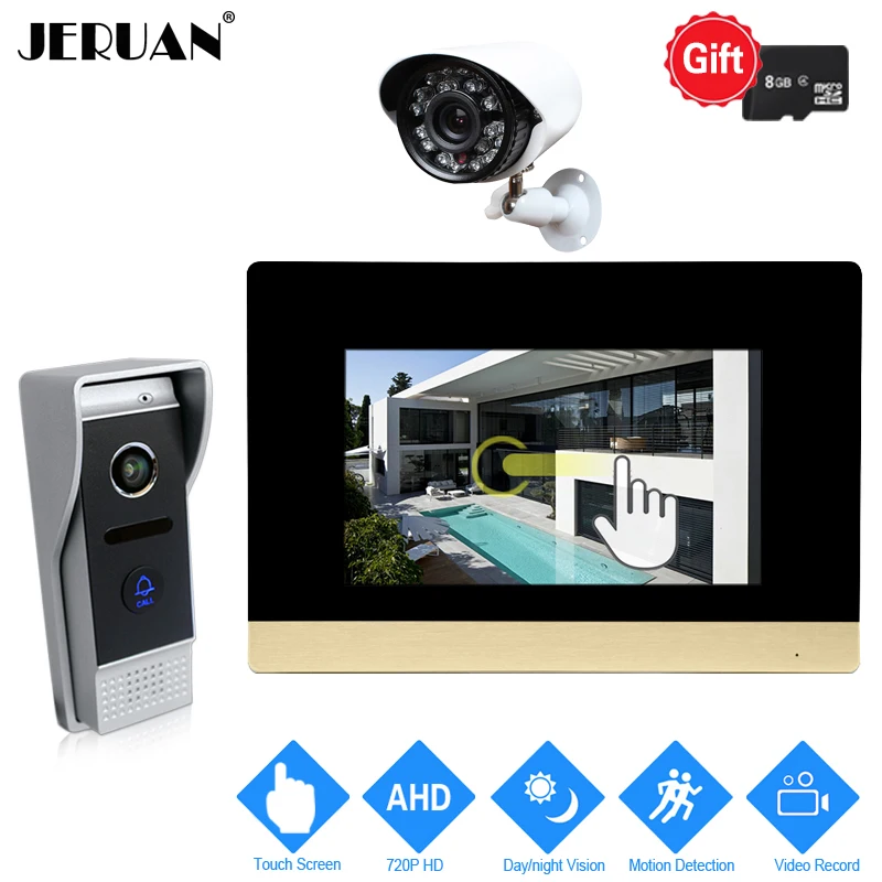 

JERUAN 720P AHD Motion Detection 7 inch Touch Screen Video Doorbell Intercom System Record Monitor + 1.0MP HD Camera+CCTV Camera